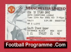 Manchester United v Sturm Graz 2001 - Match Ticket - football memorabilia