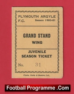 Plymouth Argyle Football Club Season Ticket Book 1960 - 1961 - football memorabilia