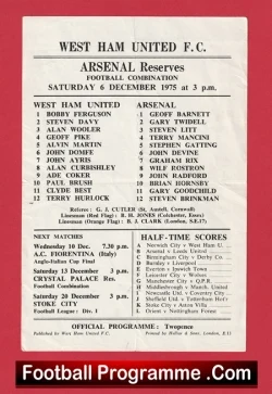 West Ham United v Arsenal 1975 - Reserves Match - football programme