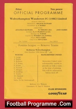 Wolves Wolverhampton v Manchester United 1990 - Man Utd Reserves - football programme