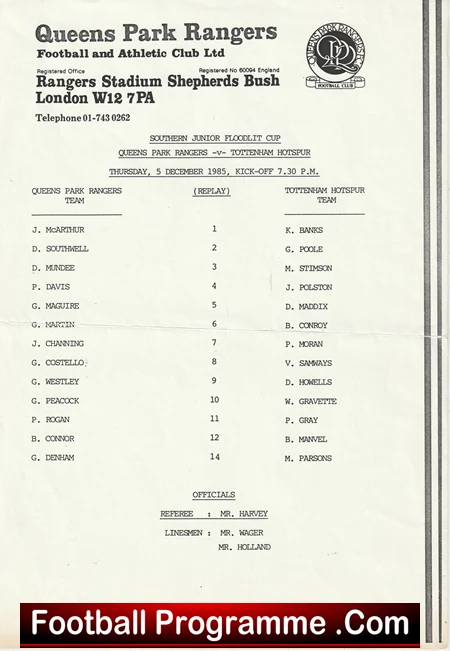 Queens Park Rangers v Tottenham 1985 - Southern Junior Floodlit Cup Replay - Image 2