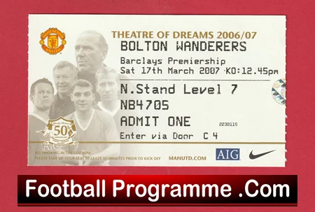Bolton Wanderers v Manchester United 2007 - Football Ticket - Image 2