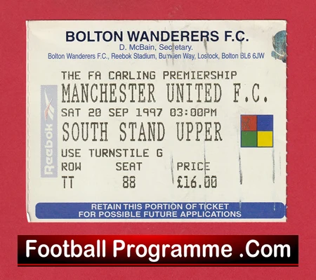 Bolton Wanderers v Manchester United 1997 - Football Ticket - Image 2