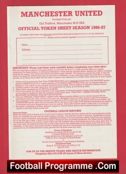 Manchester United Official Token Sheet 1986 - 1987 Fergie First Season - football programme
