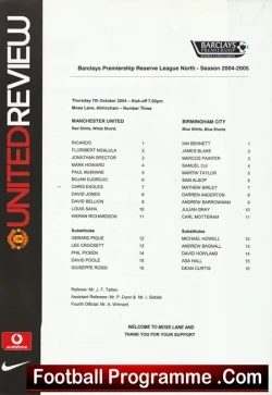 Manchester United v Birmingham City 2004 - Reserves Match Giuseppe Rossi - football programme