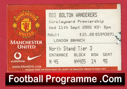 Manchester United v Bolton Wanderers 2002 - Match Ticket - Image 2