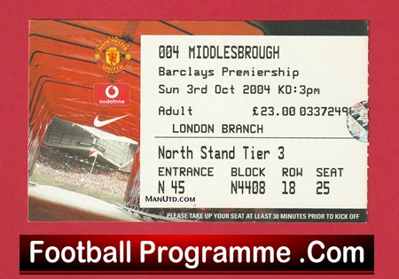 Manchester United v Middlesbrough 2004 - Match Ticket - Image 2