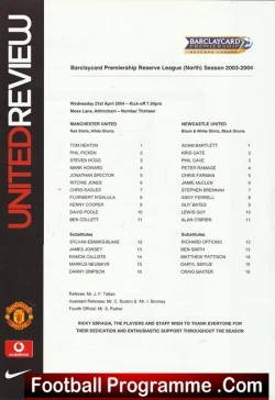 Manchester United v Newcastle United 2004 - Reserves - football programme