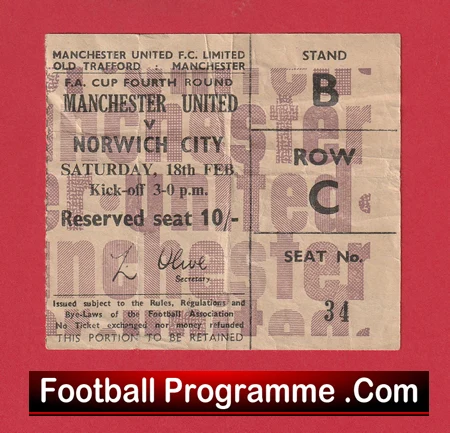 Manchester United v Norwich City 1967 - FA Cup Football Ticket - Image 2