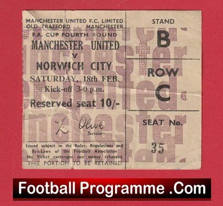 Manchester United v Norwich City 1967 - FA Cup Match Ticket - Image 2
