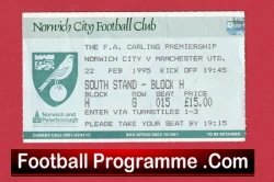 Norwich City v Manchester United 1995 - Football Match Ticket - football memorabilia