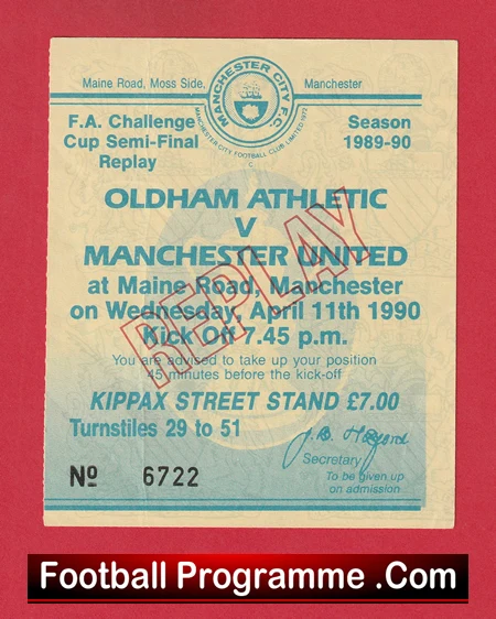 Oldham Athletic v Manchester United 1990 - Semi Final Replay Ticket - Image 2