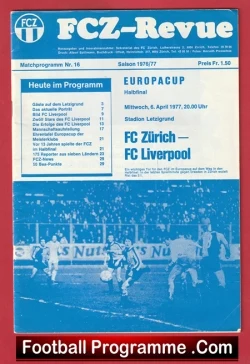 Zurich v Liverpool 1977 - European Cup - football programme
