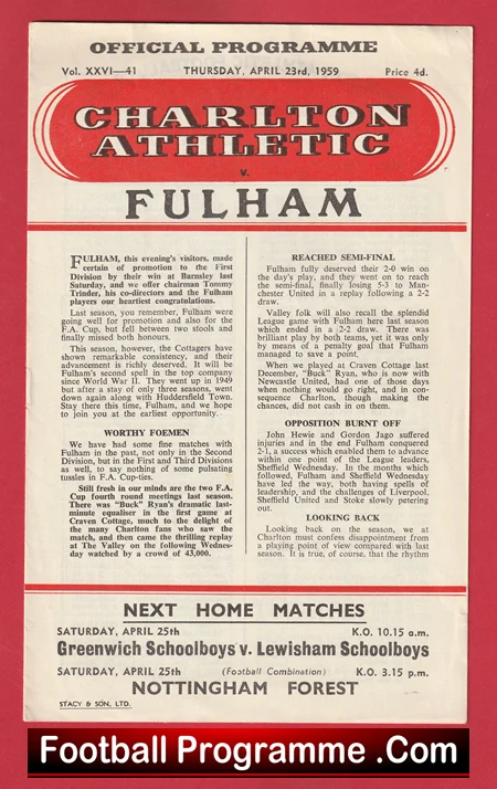 Charlton Athletic v Fulham 1959 - 50s Programmes - Image 2