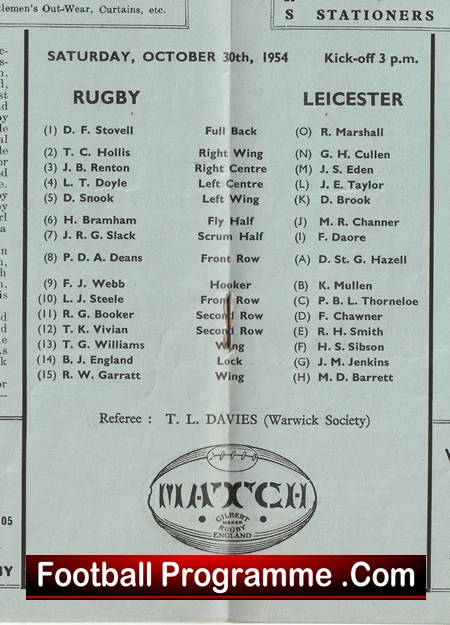 Rugby v Leicester 1954 - 1950s Rugby Programme - Image 3
