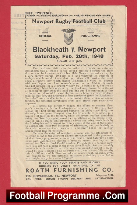 Newport Rugby v Blackheath 1948 - Rugby Programmes - Image 2