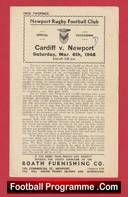 Newport Rugby v Cardiff 1948 - Rugby Programmes - Image 2