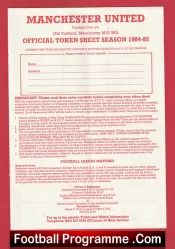 Manchester United Official Token Sheet 1984 – 1985