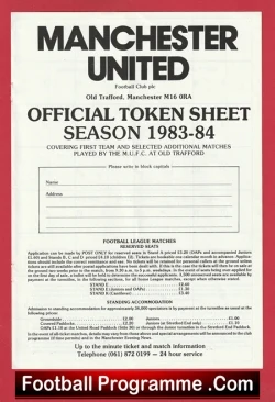  Manchester United Official Token Sheet 1984 - 1985 Football Programme .COM Football Programmes Memorabilia