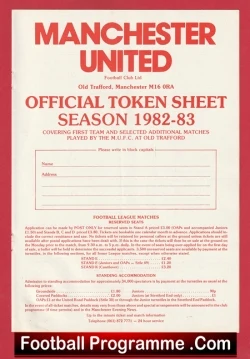  Manchester United Official Token Sheet 1983 - 1984 Football Programme .COM Football Programmes Memorabilia