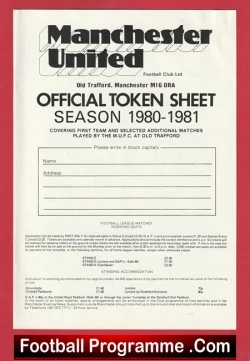  Manchester United Official Token Sheet 1981 - 1982 Football Programme .COM Football Programmes Memorabilia