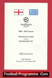 Manchester United v Panathinaikos 2000 – Official Man Utd Menu