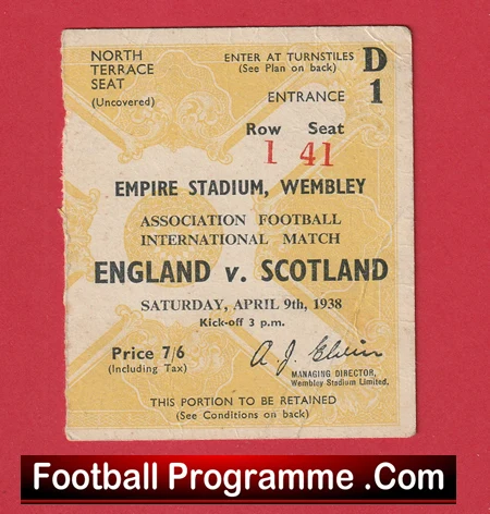 England v Scotland 1938 - Football Ticket Wembley 1930s - Image 2