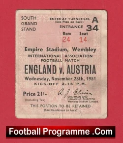 England v Austria 1951 - Football Match Ticket - football memorabilia
