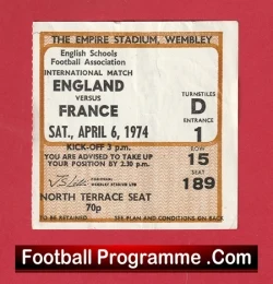 England v France 1974 - Schoolboys Football Ticket - football memorabilia