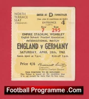 England v Germany 1962 – School Boys Match Ticket