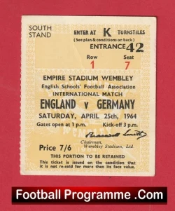 England v Germany 1964 - Schoolboys Football Ticket - football memorabilia