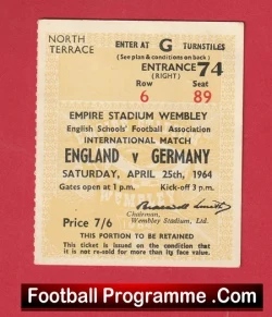 England v Germany 1964 - Schoolboys Football Ticket - football memorabilia