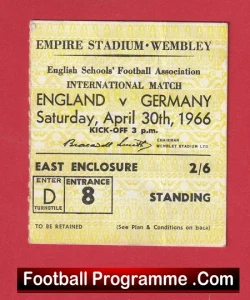 England v Germany 1966 - Schoolboys Football Ticket - football memorabilia