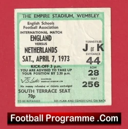 England v Holland 1973 - Schoolboys Football Ticket - football memorabilia