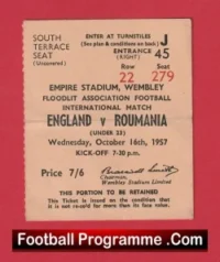 England v Romania 1957 – Under 23s Match Ticket