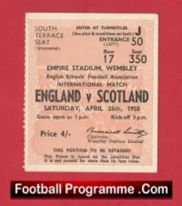 England v Scotland 1958 – Schoolboys Football Ticket