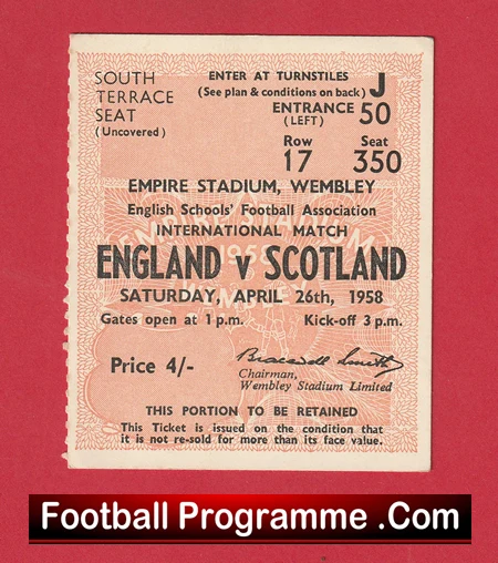 England v Scotland 1958 - Schoolboys Football Ticket - Image 2