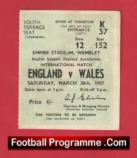 England v Wales 1957 – Schoolboys Football Ticket