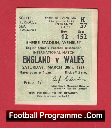 England v Wales 1957 - Schoolboys Football Ticket - Image 2