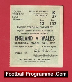 England v Wales 1957 - Schoolboys Football Ticket - football memorabilia