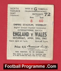 England v Wales 1961 - Schoolboys Football Ticket - football memorabilia
