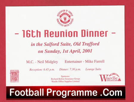 Manchester United 16th Reunion Dinner Old Trafford Ticket 2001 - Image 2