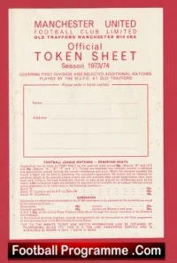 Manchester United Official Man Utd Token Sheet 1973 – 1974