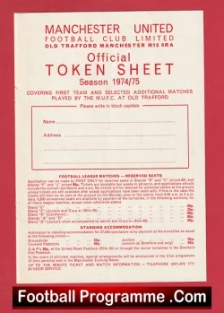 Manchester United Official Token Sheet 1974 - 1975 2nd Division - football programme
