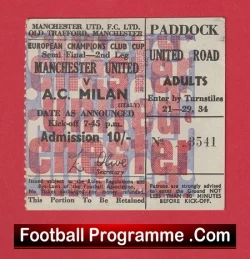 Manchester United v AC Milan 1969 European Cup Semi Final Ticket - football memorabilia