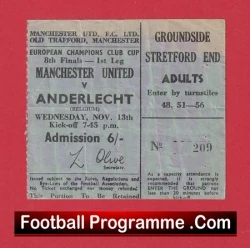 Manchester United v Anderlecht 1968 - European Cup Quarter Final Ticket - football memorabilia