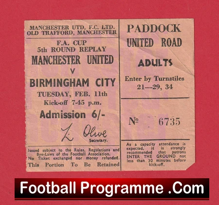 Manchester United v Birmingham City 1969 - Ticket FA Cup Replay - Image 2