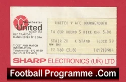 Manchester United v Bournemouth 1982 - FA Cup Match Ticket - football memorabilia