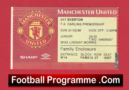 Manchester United v Everton 1999 - Treble Season Ticket - Image 2