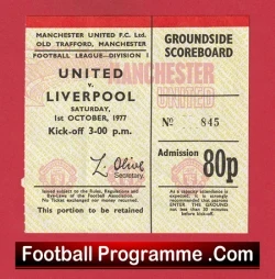 Manchester United v Liverpool 1977 Football Ticket Old Trafford - football memorabilia